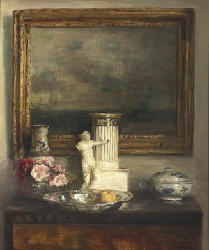 Interior med forskellige pyntegenstande pa en kommode foran et maleri by Carl Holsoe Oil Painting