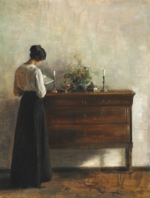 Interior med kunstnerens hustru, der star ved en kommode og laeser by Carl Holsoe Oil Painting