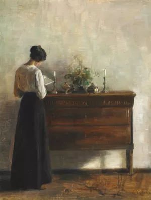 Interior med kunstnerens hustru, der star ved en kommode og laeser by Carl Holsoe Oil Painting