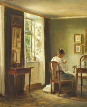 Interior med kvinde der syr ved vinduet by Carl Holsoe Oil Painting