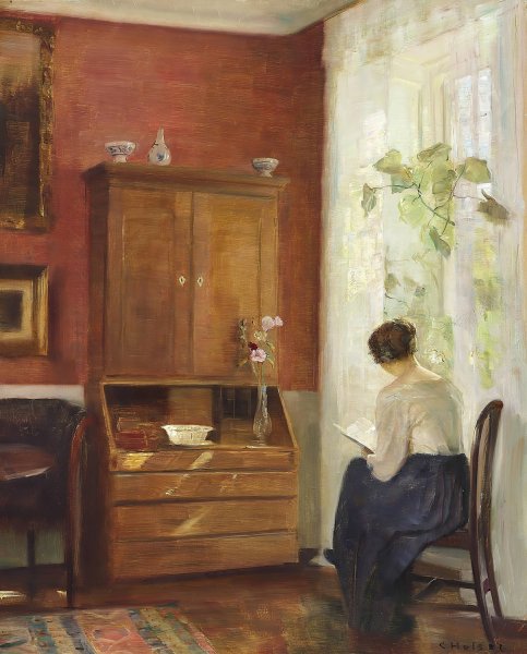 Main Product Photo of Interior med laesende kvinde ved vinduet Painting by Carl Holsoe