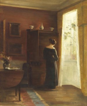 Interior med ung pige staende ved vinduet by Carl Holsoe Oil Painting