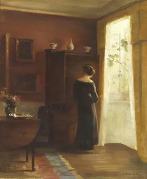 Interior med ung pige staende ved vinduet Oil painting by Carl Holsoe