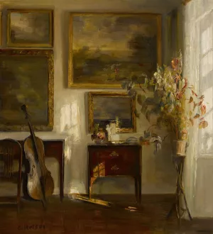 Interior with cello by Carl Holsoe Oil Painting