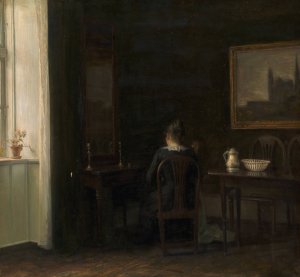 Interior with the Artist's Wife Emilie Heise by Carl Holsoe Oil Painting