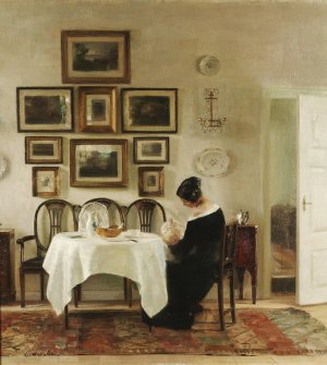 Mother And Child In A Dining Room Interior by Carl Holsoe Oil Painting