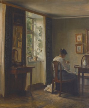 Seamstress Sewing In An Interior by Carl Holsoe Oil Painting
