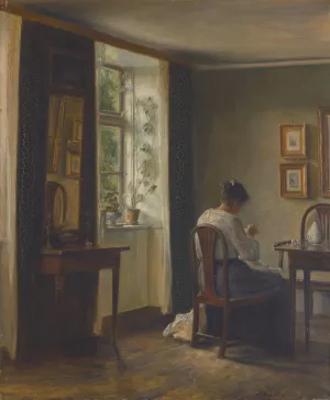 Seamstress Sewing In An Interior by Carl Holsoe Oil Painting