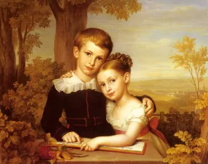 Portrait of Two Children with an Extensive Landscape Beyond by Carl Jacob Leybold - Oil Painting Reproduction