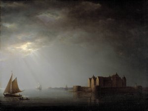 Kalmar Castle by Moonlight by Carl Johan Fahlcrantz   Oil Painting
