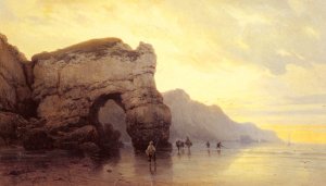 Fisherfolk on a Shore at Sunrise by Carl Joseph Kuwasseg Oil Painting