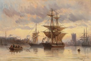 Sailing Ships in a Harbour by Carl Joseph Kuwasseg Oil Painting