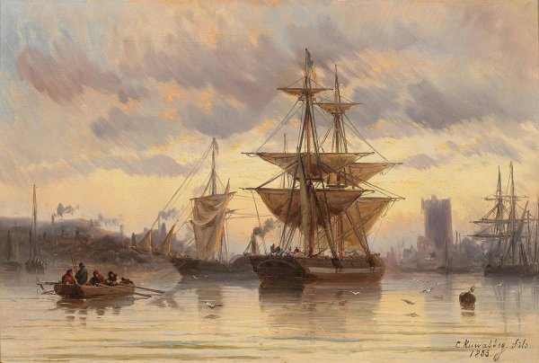 Sailing Ships in a Harbour  by Carl Joseph Kuwasseg - Hand-Painted Oil Painting Reproduction