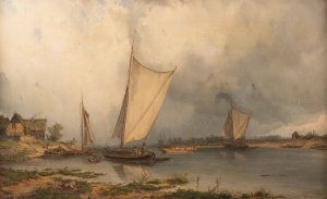 Barges by the banks of river Elbe by Carl Julius Von Leypold Oil Painting
