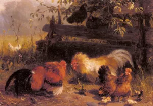 Chickens by Carl Jutz Oil Painting