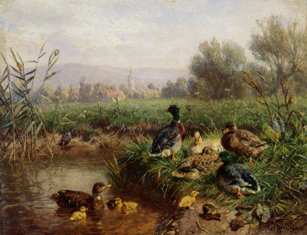 Main Product Photo of Ducks by a Pond Painting by Carl Jutz