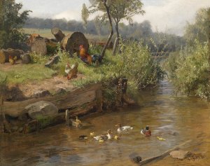 Entenfamilie an der Wehr by Carl Jutz Oil Painting