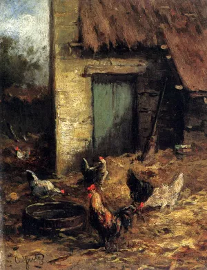 Poultry in a Farmyard by Carl Jutz - Oil Painting Reproduction