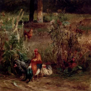 Poultry in the Undergrowth by Carl Jutz Oil Painting