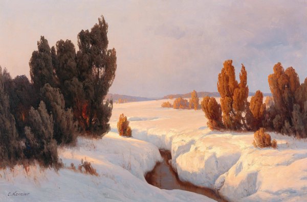 Winter Landscape in the Sun by Carl Kenzler - Hand-Painted Oil Painting Reproduction
