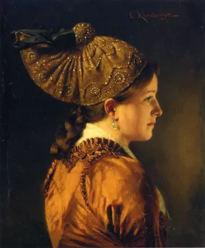 A Portrait of a Girl Wearing a Golden Hood by Carl Kronberger Oil Painting