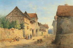 Village Road With Many Decorative Figures by Carl Lafite Oil Painting