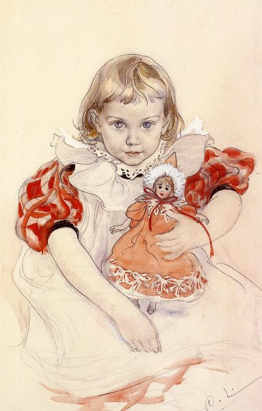 A Young Girl with a Doll by Carl Larsson - Hand-Painted Oil Painting Reproduction