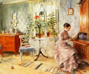 An Interior with a Woman Reading by Carl Larsson Oil Painting