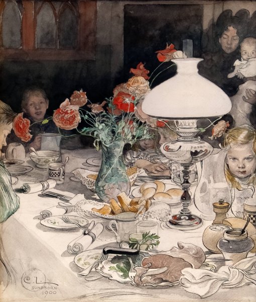 Around the Evening Lamp  by Carl Larsson - Hand-Painted Oil Painting Reproduction