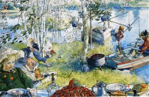 Cray Fishing with the Family by Carl Larsson - Oil Painting Reproduction