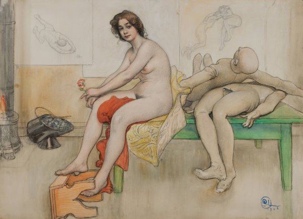 The Model and the Mannequins  by Carl Larsson - Hand-Painted Oil Painting Reproduction