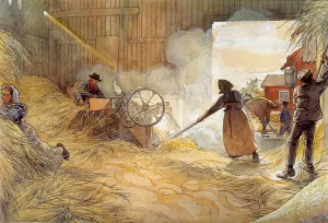 Threshing Oil painting by Carl Larsson
