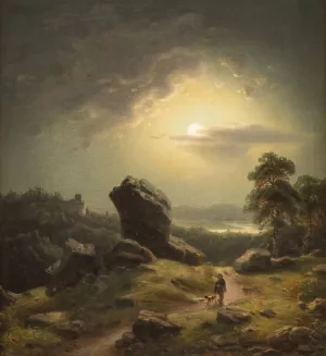 Landscape in moonlight by Carl Ludwig Scheins Oil Painting