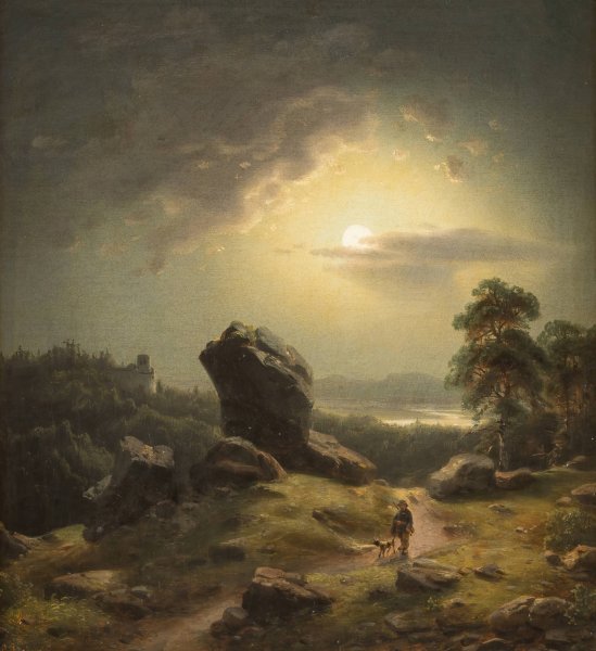 Landscape in moonlight by Carl Ludwig Scheins - Hand-Painted Oil Painting Reproduction
