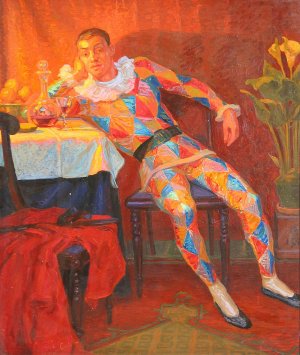 Interieur med Harlekin by Carl Mathorne Oil Painting
