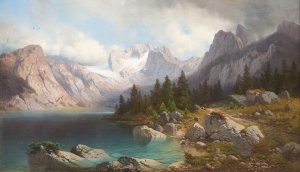 View on mount Zugspitze and lake Eibsee by Carl Millner Oil Painting