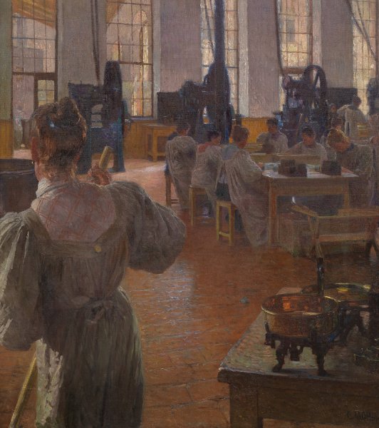Main Product Photo of In der Kaffeemittelfabrik  Painting by Carl Moll