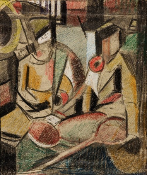 Main Product Photo of Abstract-Two Women with Tennis Racquets Painting by Carl Newman