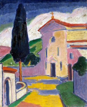 Church with Cedar Tree on Left by Carl Newman Oil Painting