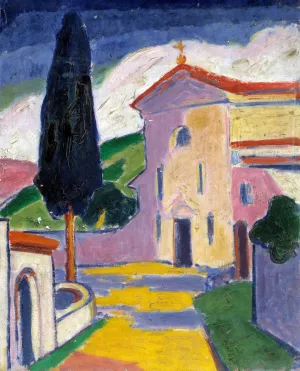 Church with Cedar Tree on Left by Carl Newman Oil Painting