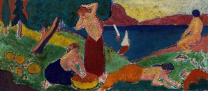 Women in Landscape with Blue Border by Carl Newman Oil Painting