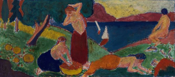 Main Product Photo of Women in Landscape with Blue Border  Painting by Carl Newman