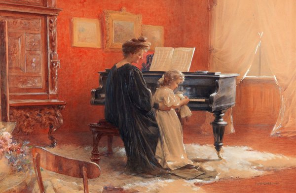 A Mother And Her Little Daughter At The Piano by Carl Pietzner - Hand-Painted Oil Painting Reproduction