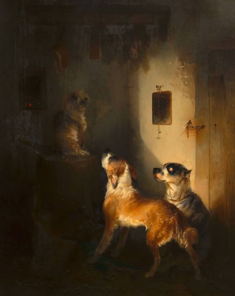 Drei Hunde in einer Fleischkammer  by Carl Pischinger - Hand-Painted Oil Painting Reproduction