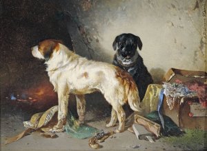 Zwei Hunde mit einer Kleiderkiste. by Carl Pischinger Oil Painting