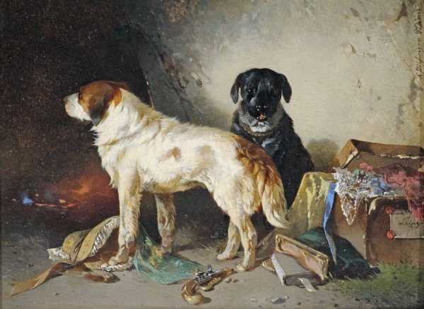 Zwei Hunde mit einer Kleiderkiste. by Carl Pischinger - Hand-Painted Oil Painting Reproduction