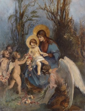A Wreath Of Flowers For The Baby Jesus by Carl Rahl Oil Painting
