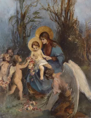 A Wreath Of Flowers For The Baby Jesus by Carl Rahl Oil Painting