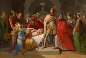 Kriemhild an der Leiche Siegfrieds erklart Hagen als dessen MOrder und schwOrt Rache by Carl Rahl Oil Painting