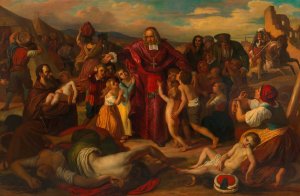 Leopold Graf Kollonitsch fuhrt nach der Belagerung Wiens im Jahr 1683 die Kinder der ermordeten christlichen Gefangenen aus dem verlassenen turkischen Lager by Carl Rahl Oil Painting
